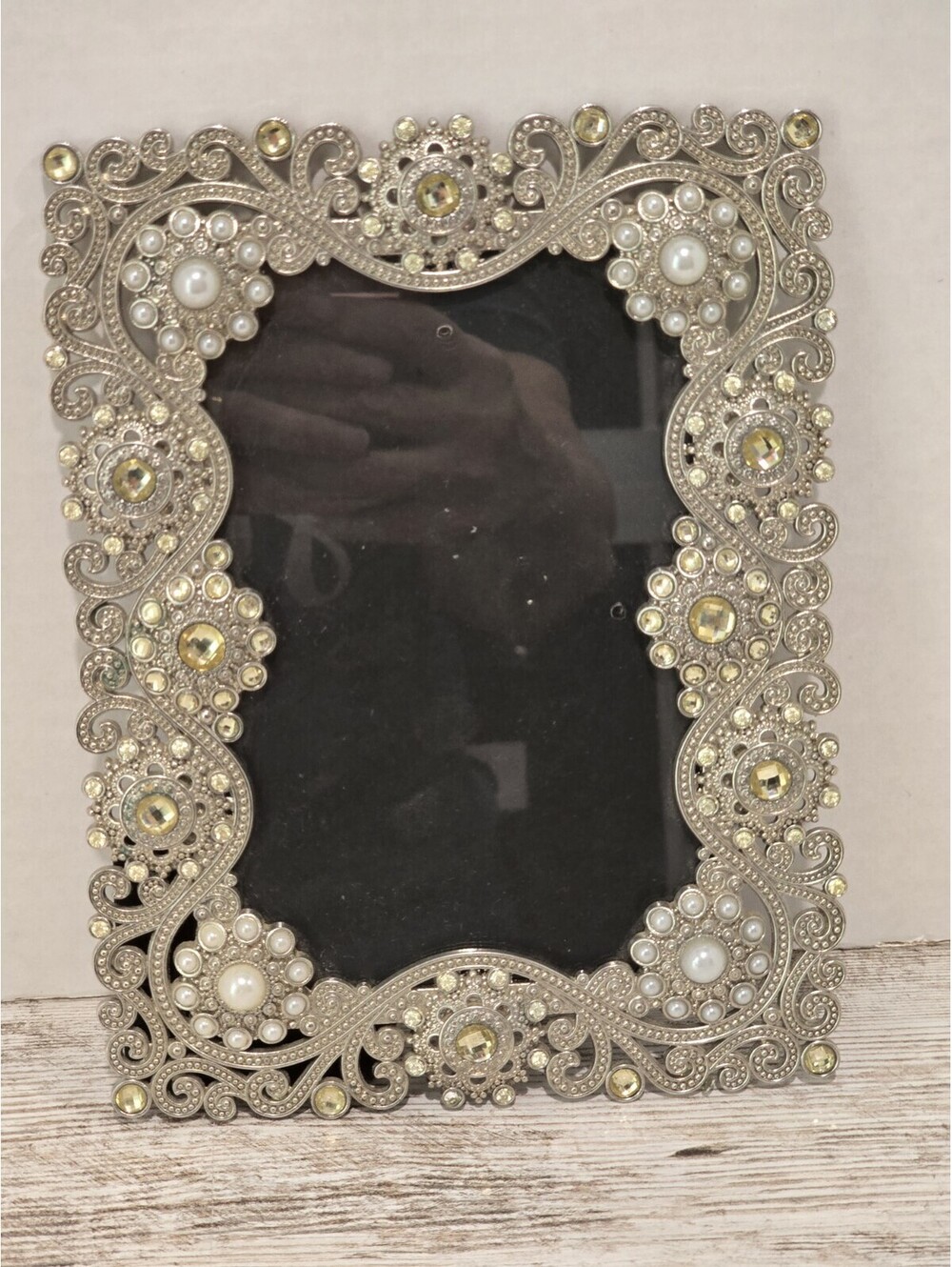 Hollywood Regancy Picture Frame Silver Tone Faux Pearls Rhinestone Holds 4x6 Pic